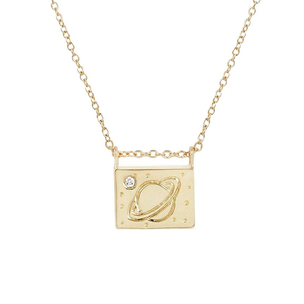 Saturn Diamond + 14K Gold Postcard Charm Necklace