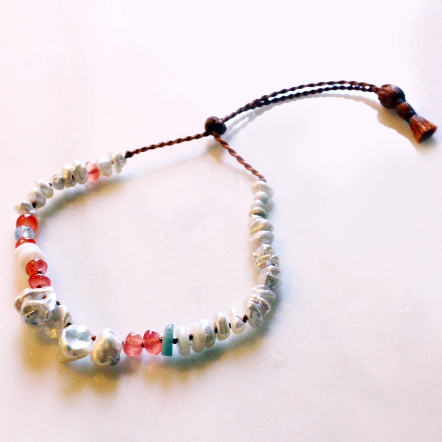 Lena Skadegard Jewelry | Baroque Pearl, Peridot + Carnelian Gemstone Tassel Bracelet | Firecracker