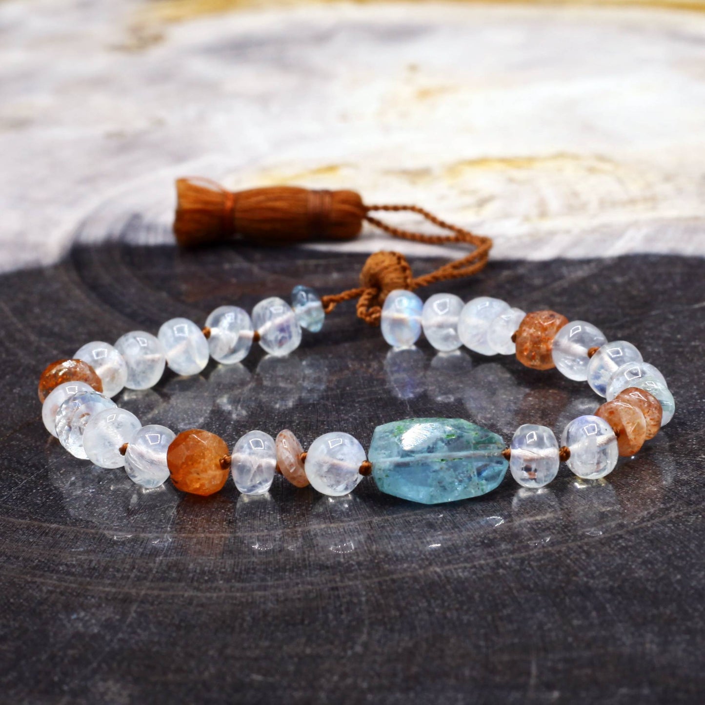 Lena Skadegard Jewelry | Moonstone, Sunstone + Aquamarine Gemstone Tassel Bracelet | Firecracker