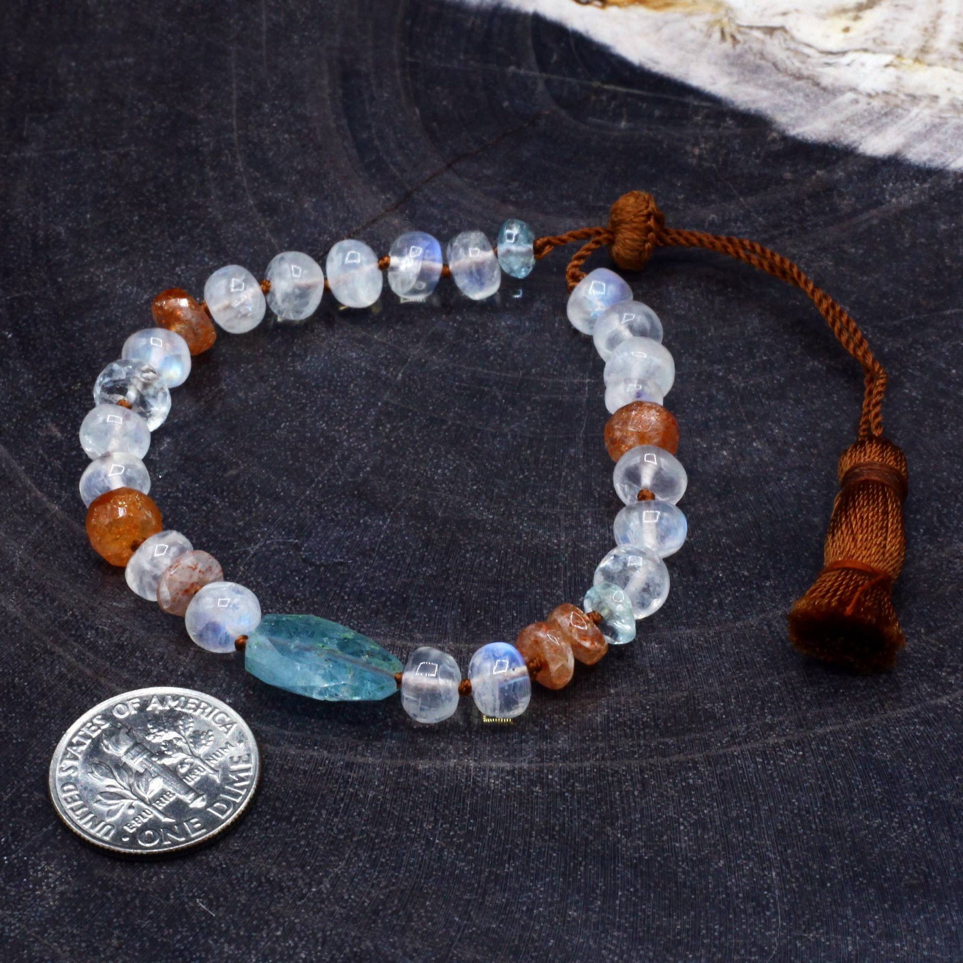 Lena Skadegard Jewelry | Moonstone, Sunstone + Aquamarine Gemstone Tassel Bracelet | Firecracker