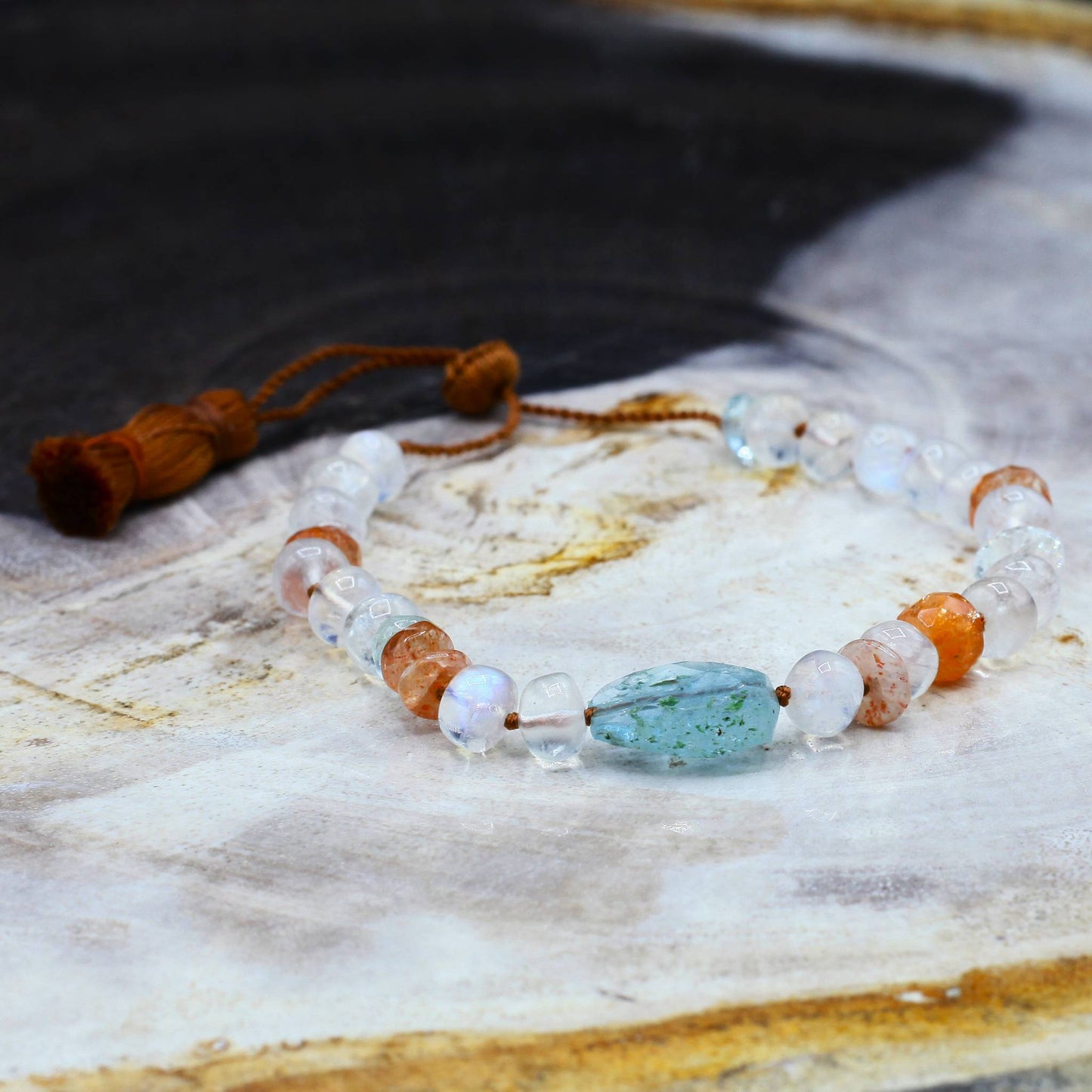 Lena Skadegard Jewelry | Moonstone, Sunstone + Aquamarine Gemstone Tassel Bracelet | Firecracker