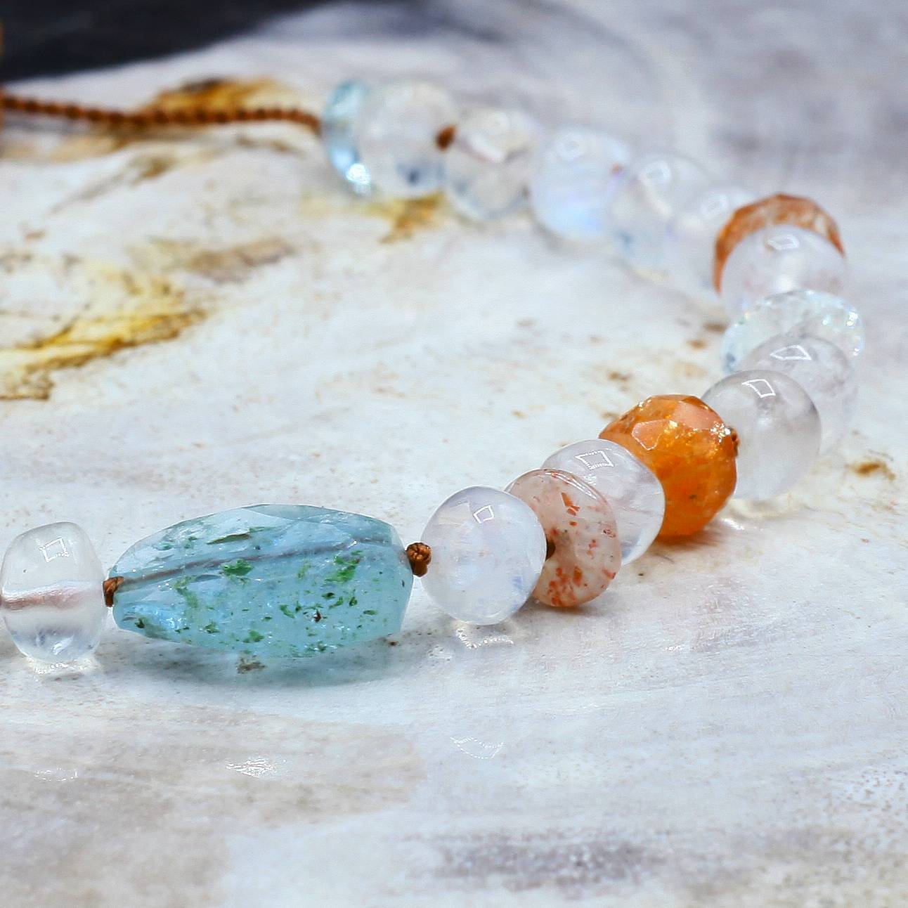 Lena Skadegard Jewelry | Moonstone, Sunstone + Aquamarine Gemstone Tassel Bracelet | Firecracker