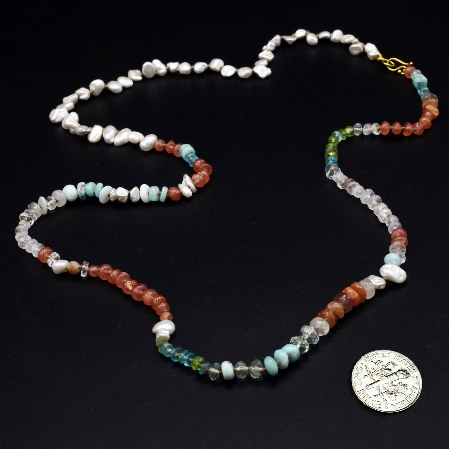 Lena Skadegard Jewels | Peruvian Opal, Pearl + Moonstone 9k Gold Gemstone Necklace | Firecracker