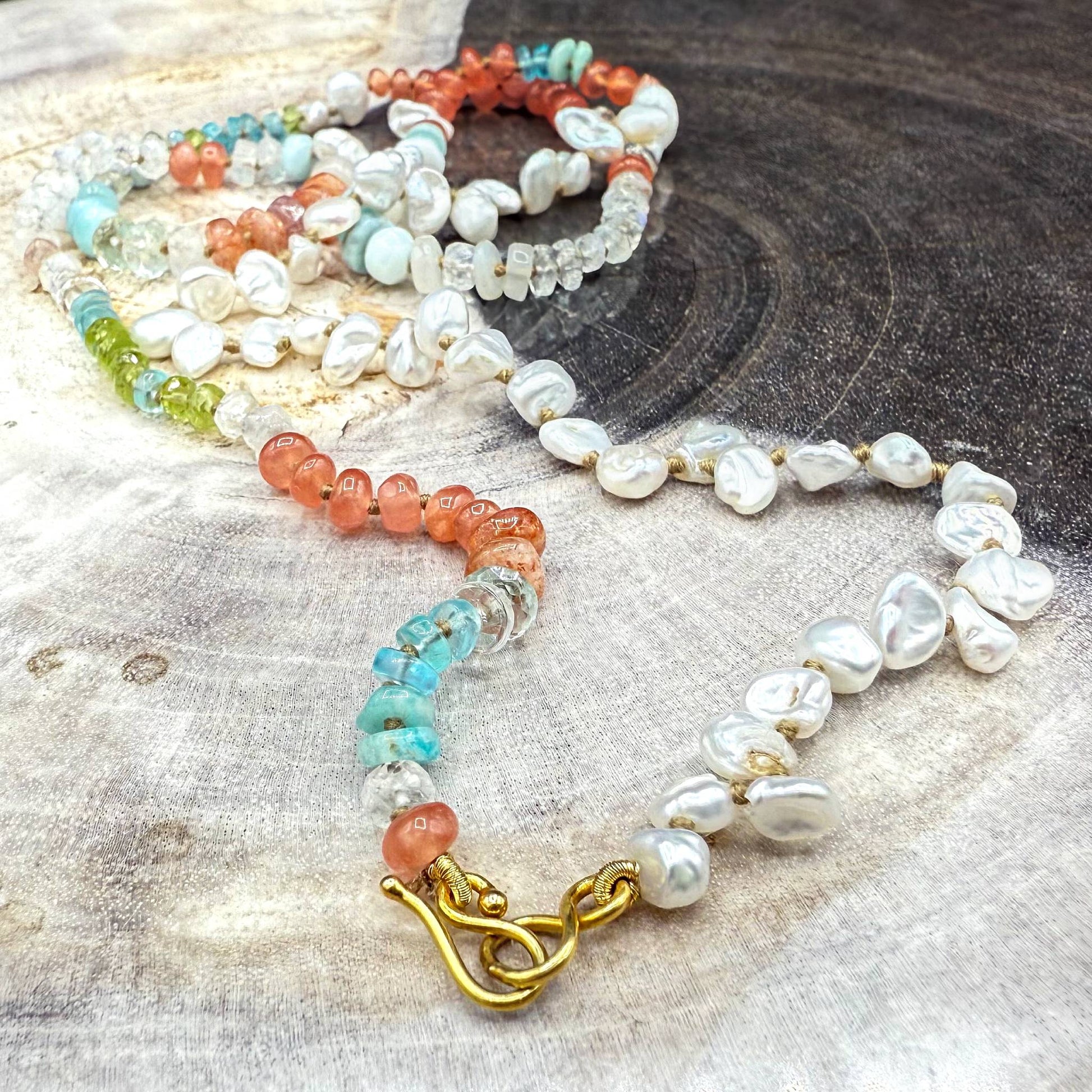 Lena Skadegard Jewels | Peruvian Opal, Pearl + Moonstone 9k Gold Gemstone Necklace | Firecracker