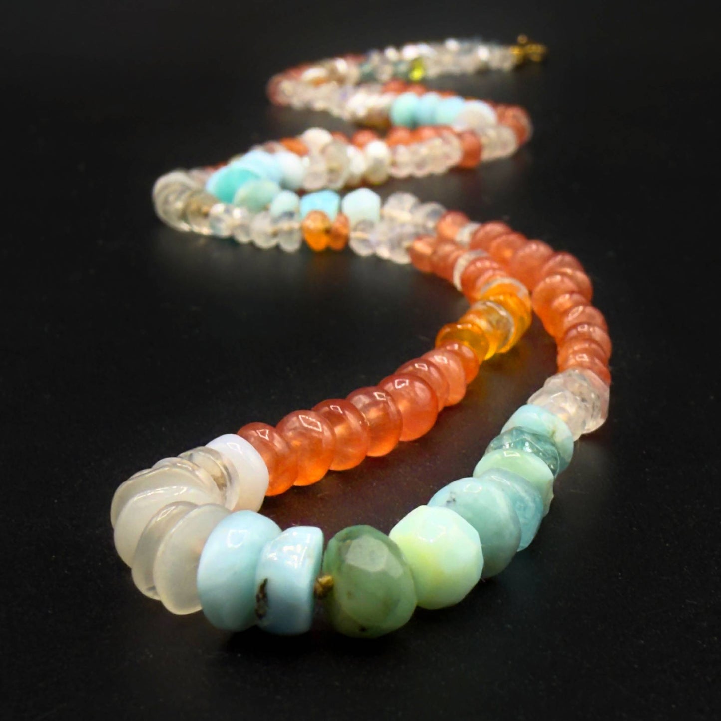 Lena Skadegard Jewels | Peruvian Opal, Pearl, Sunstone + Moonstone 9k Gold Gemstone Necklace | Firecracker