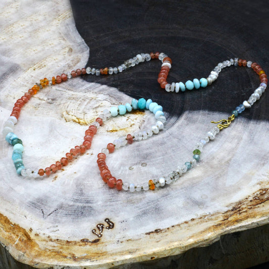 Lena Skadegard Jewels | Peruvian Opal, Pearl, Sunstone + Moonstone 9k Gold Gemstone Necklace | Firecracker