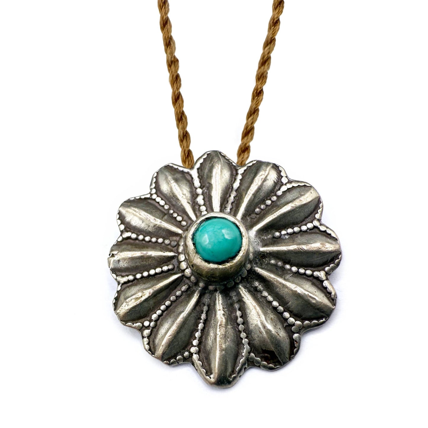 Lena Skadegard Jewelry | Antique Sterling Silver Flower + Turquoise Pendant Necklace | Firecracker