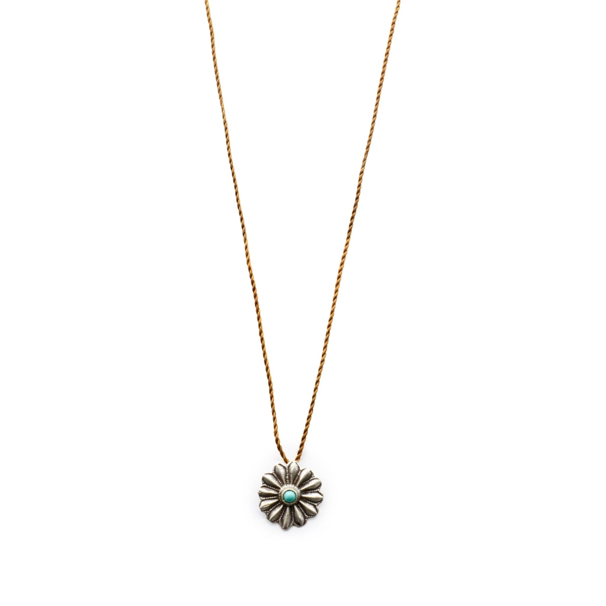 Lena Skadegard Jewelry | Antique Sterling Silver Flower + Turquoise Pendant Necklace | Firecracker