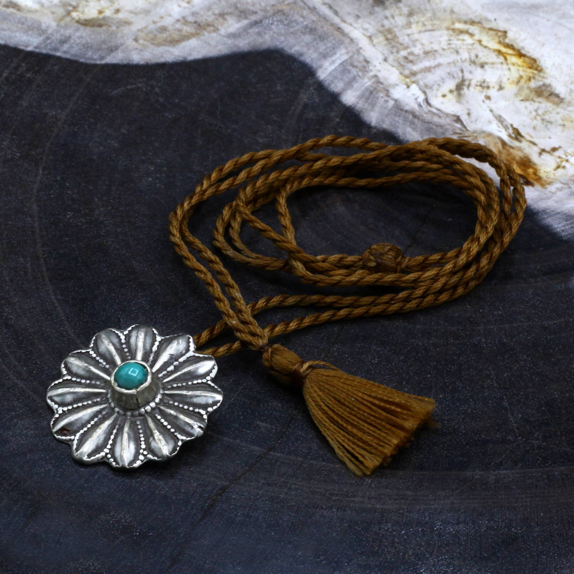 Lena Skadegard Jewelry | Antique Sterling Silver Flower + Turquoise Pendant Necklace | Firecracker