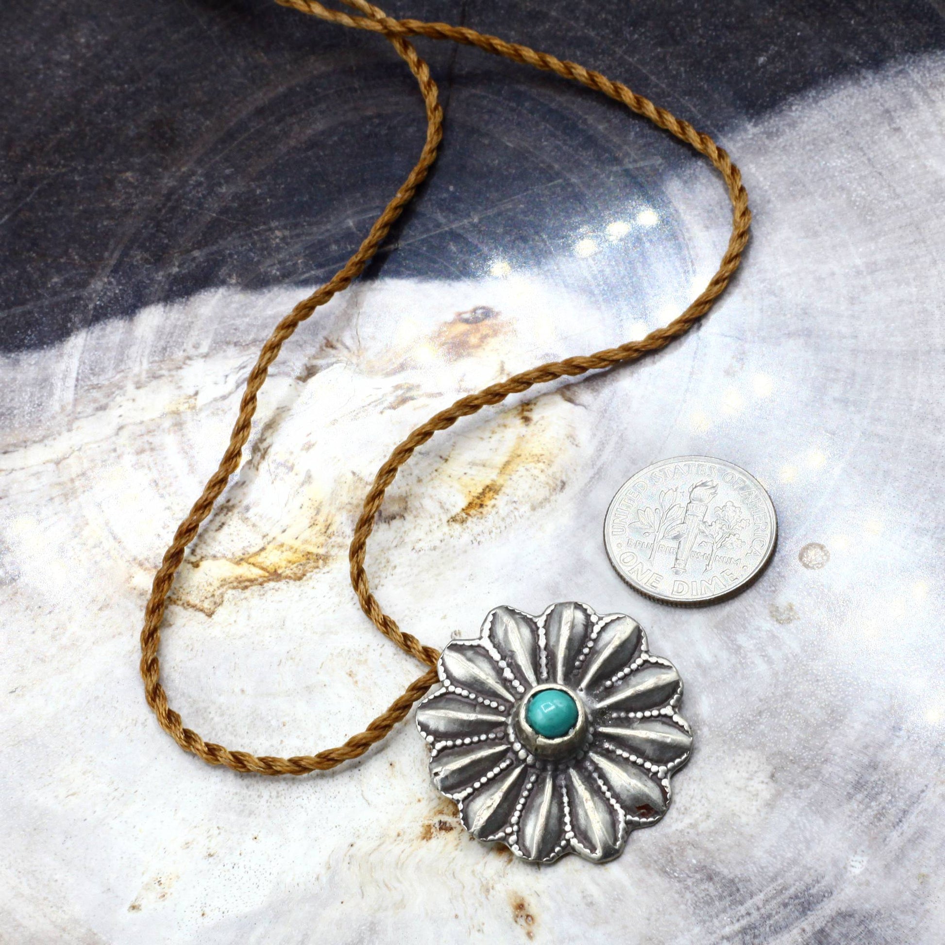 Lena Skadegard Jewelry | Antique Sterling Silver Flower + Turquoise Pendant Necklace | Firecracker