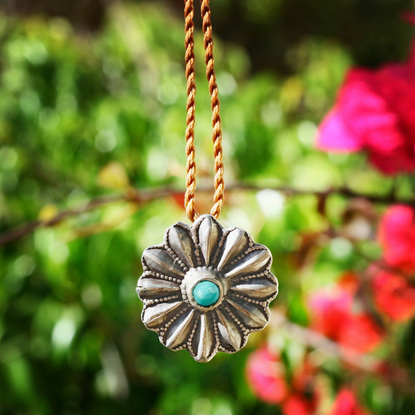 Lena Skadegard Jewelry | Antique Sterling Silver Flower + Turquoise Pendant Necklace | Firecracker