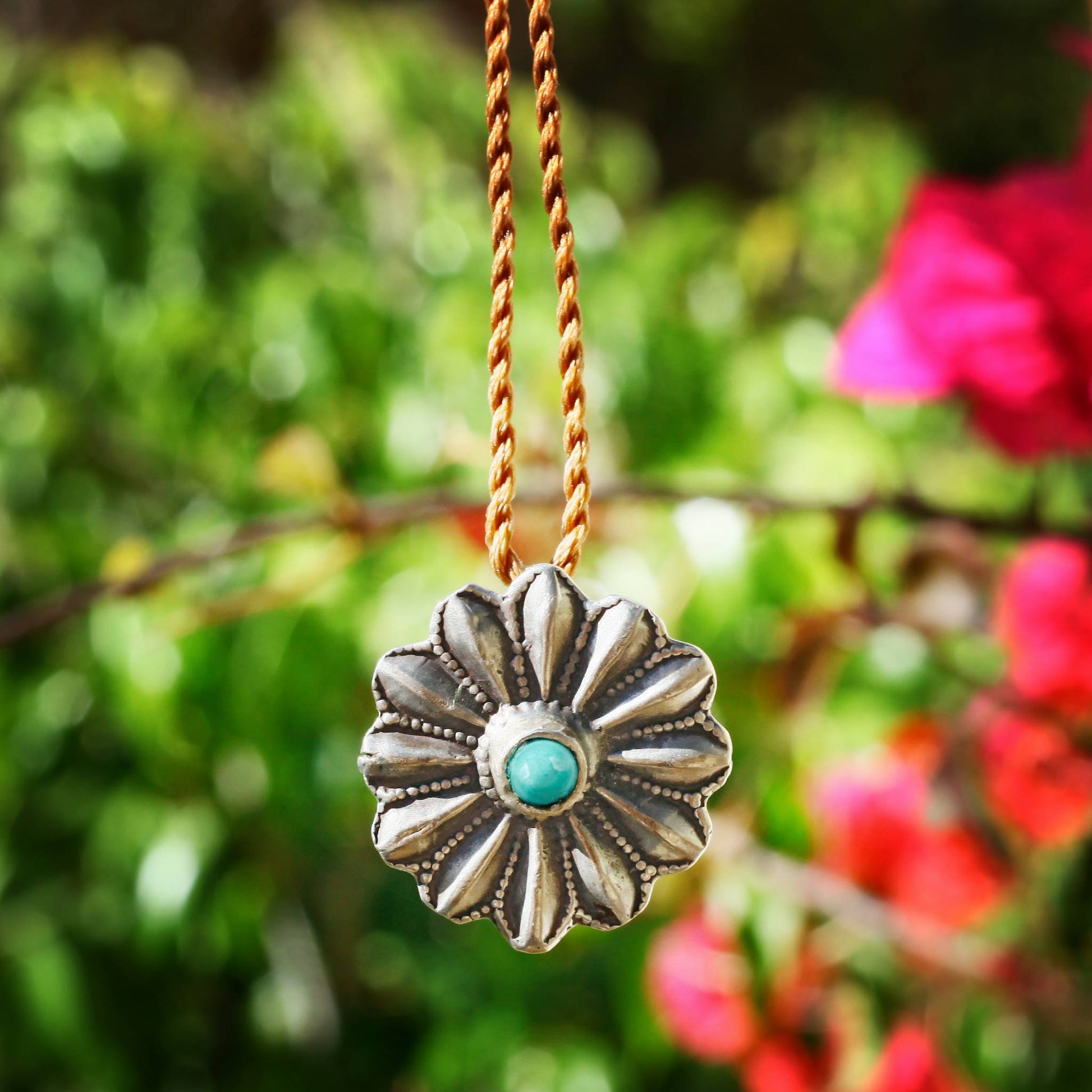 Lena Skadegard Jewelry | Antique Sterling Silver Flower + Turquoise Pendant Necklace | Firecracker