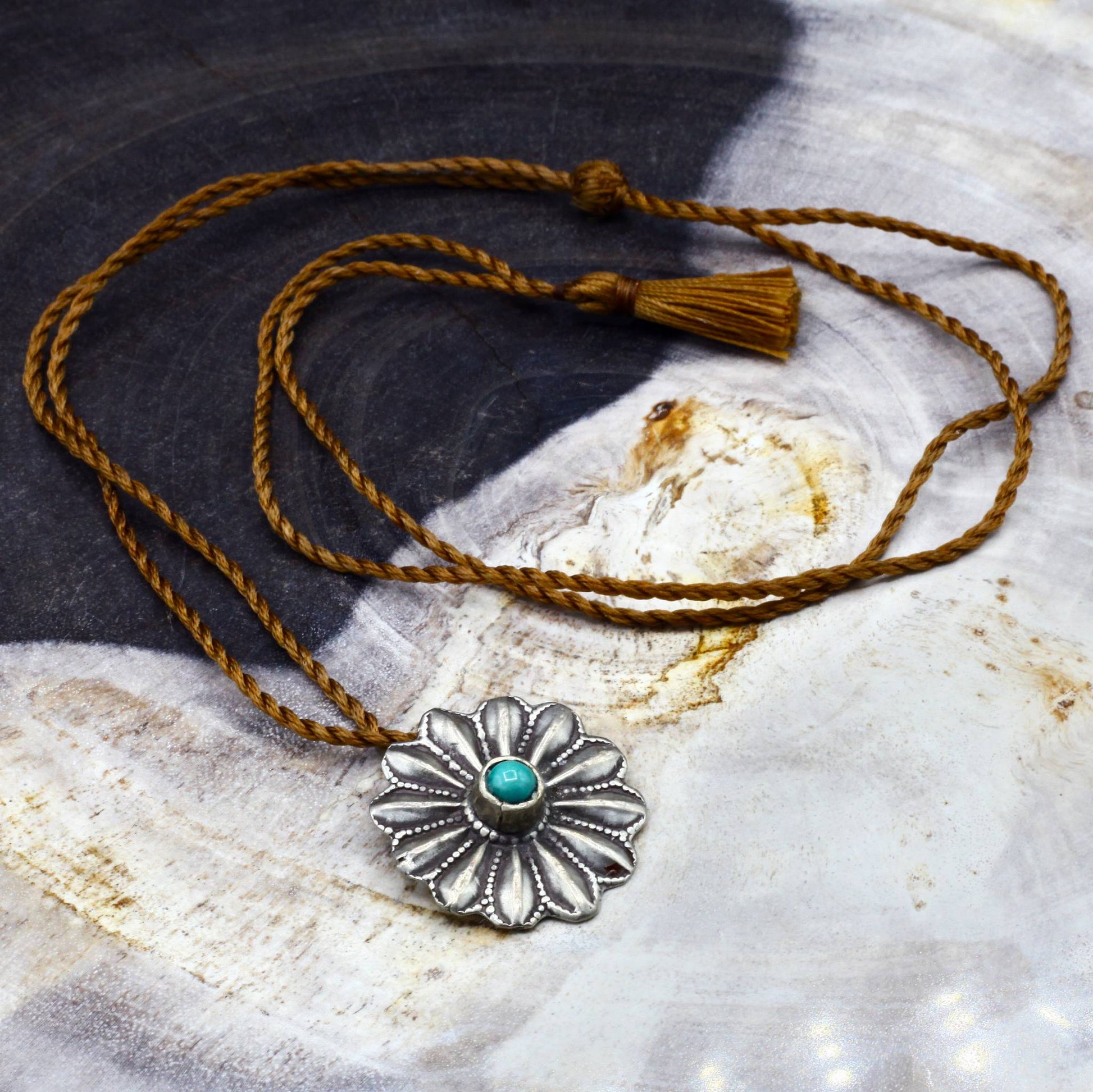 Lena Skadegard Jewelry | Antique Sterling Silver Flower + Turquoise Pendant Necklace | Firecracker