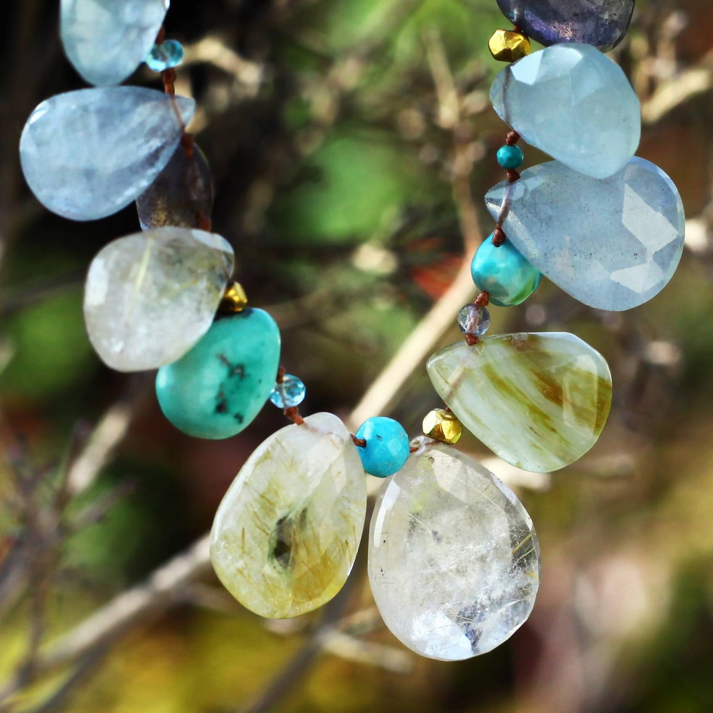 Lena Skadegard Jewelry | Aquamarine, Opal, Labradorite + Turquoise 9k Gold Gemstone Necklace | Firecracker