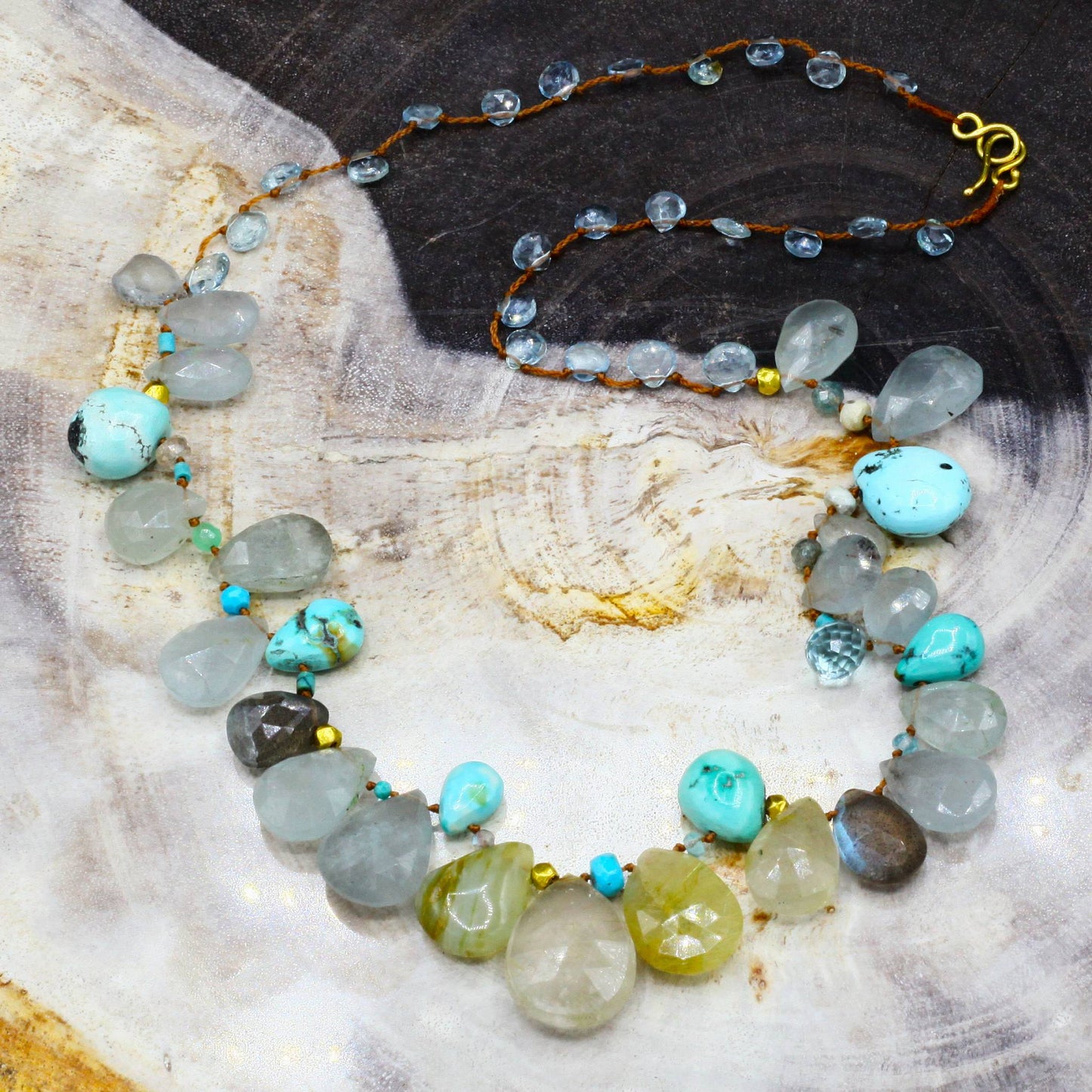 Lena Skadegard Jewelry | Aquamarine, Opal, Labradorite + Turquoise 9k Gold Gemstone Necklace | Firecracker