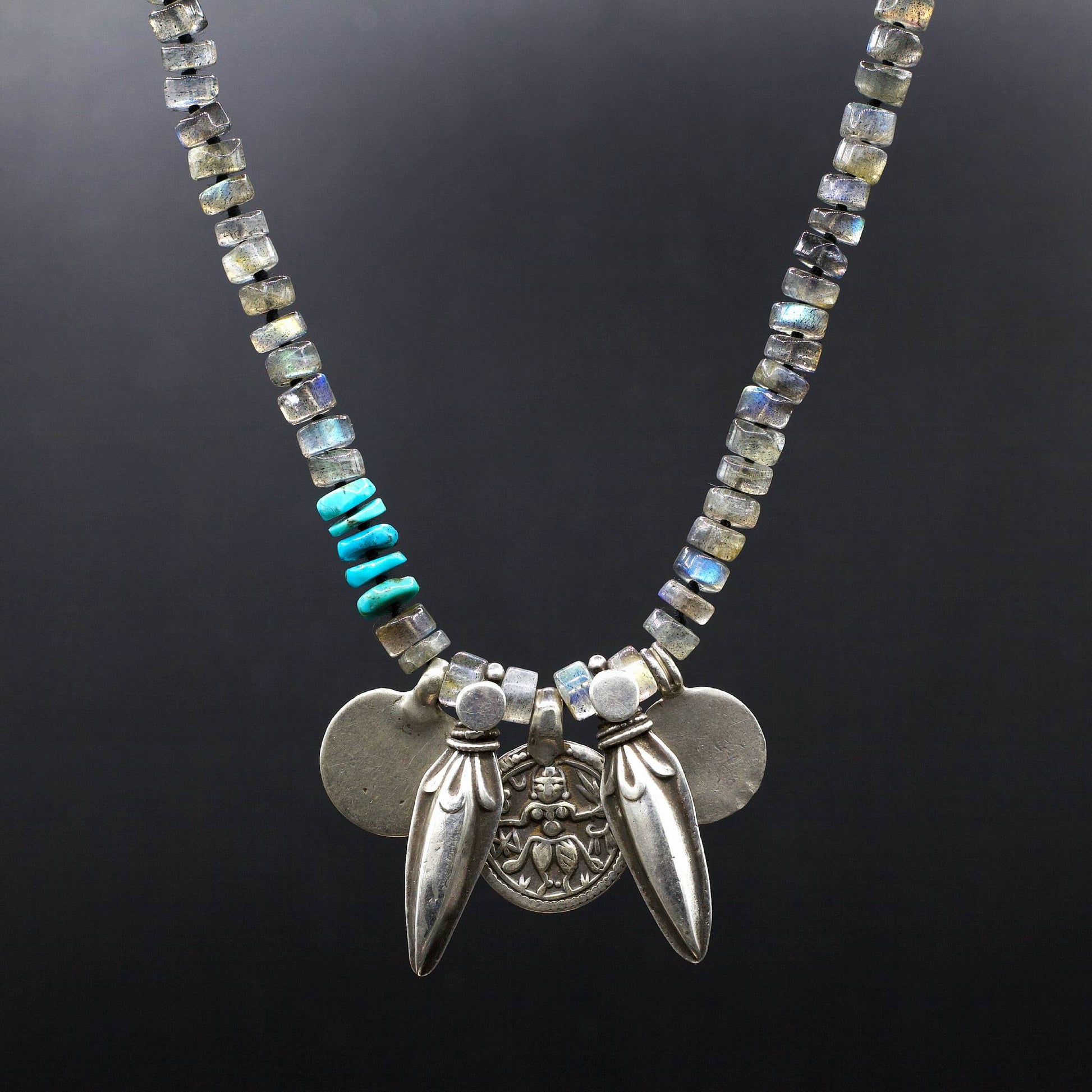 Lena Skadegard Jewels | Labradorite + Turquoise Antique Silver Charm Necklace | Firecracker