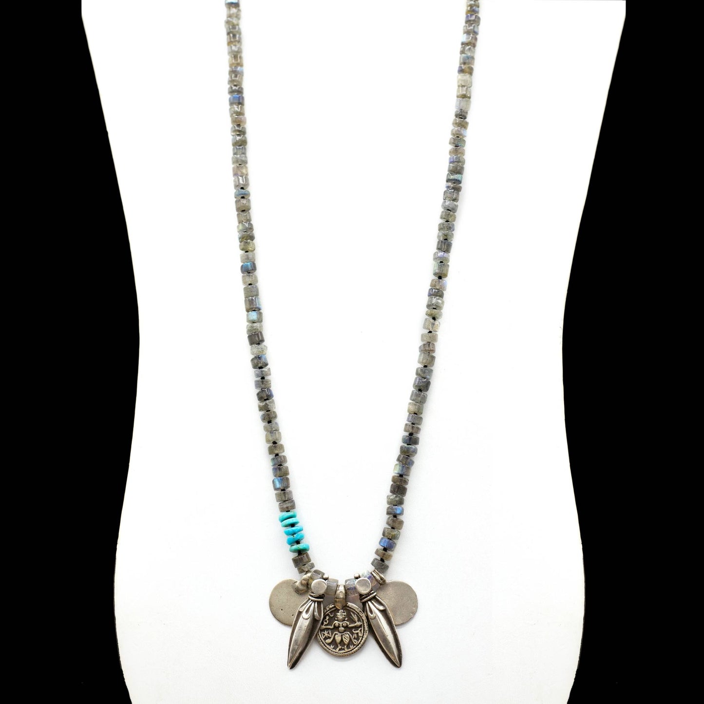 Lena Skadegard Jewels | Labradorite + Turquoise Antique Silver Charm Necklace | Firecracker