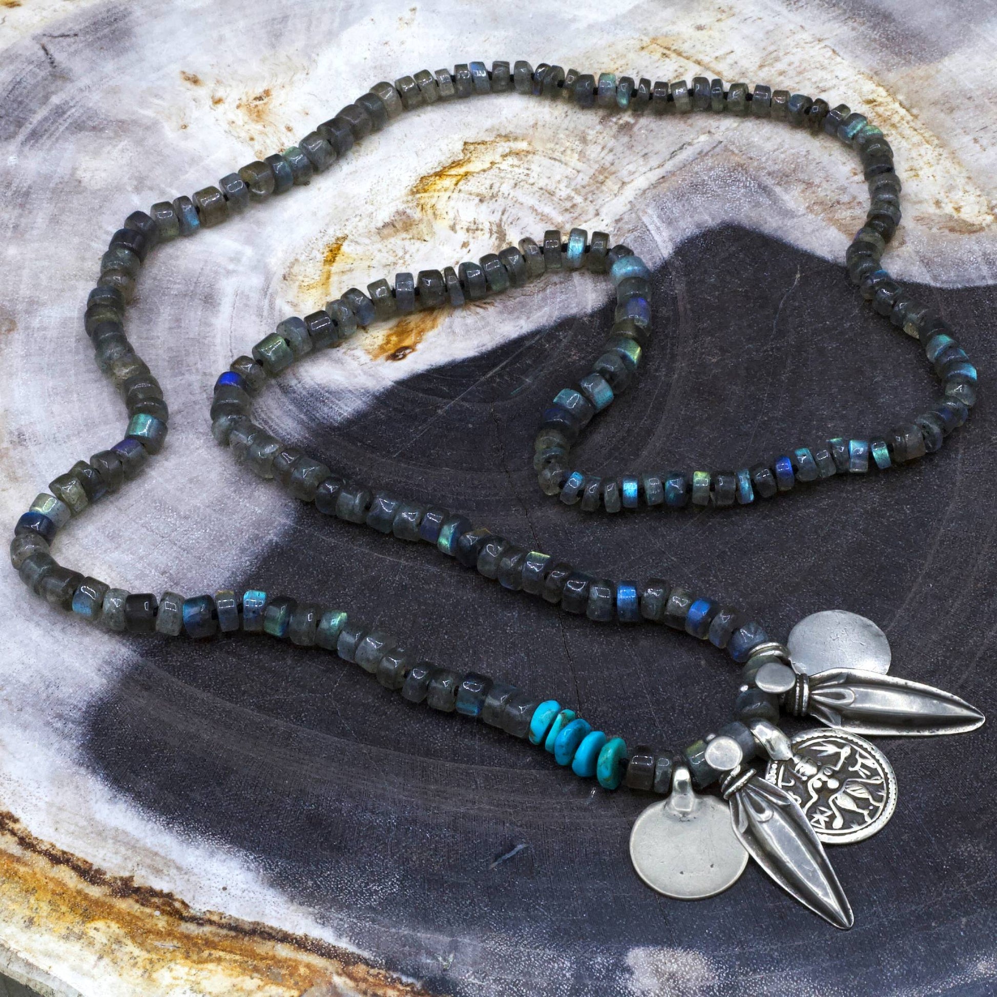 Lena Skadegard Jewels | Labradorite + Turquoise Antique Silver Charm Necklace | Firecracker