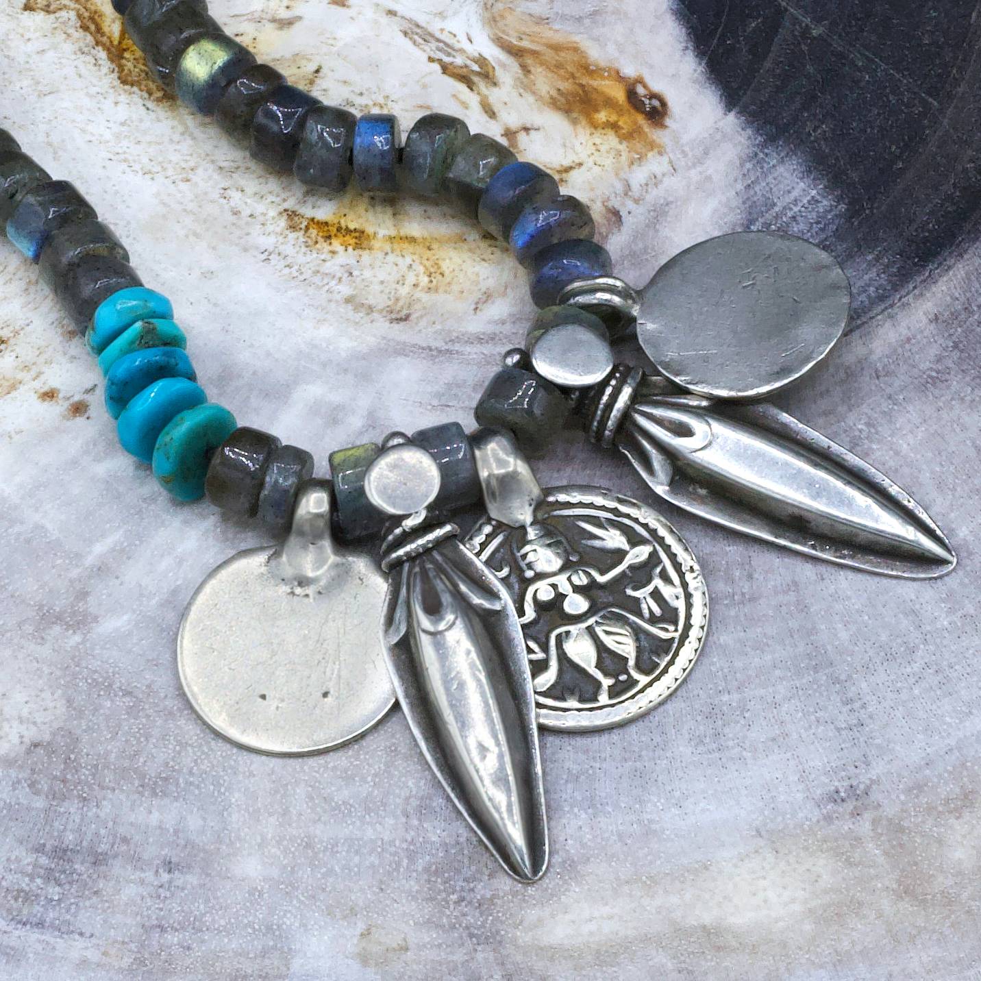 Lena Skadegard Jewels | Labradorite + Turquoise Antique Silver Charm Necklace | Firecracker