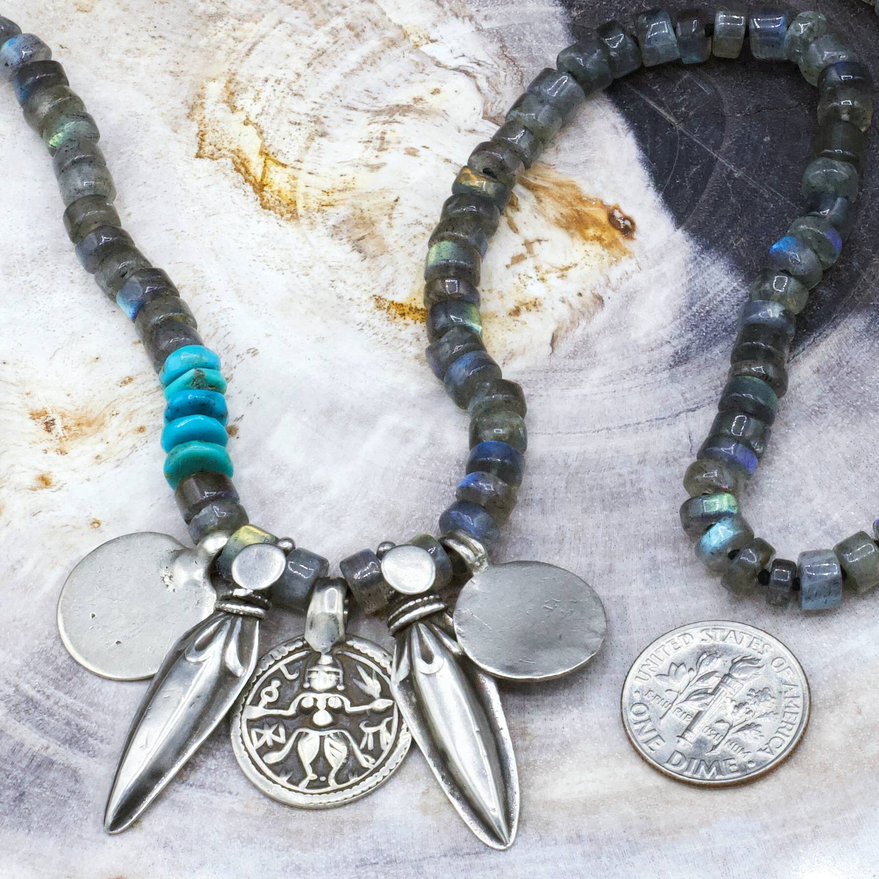 Lena Skadegard Jewels | Labradorite + Turquoise Antique Silver Charm Necklace | Firecracker