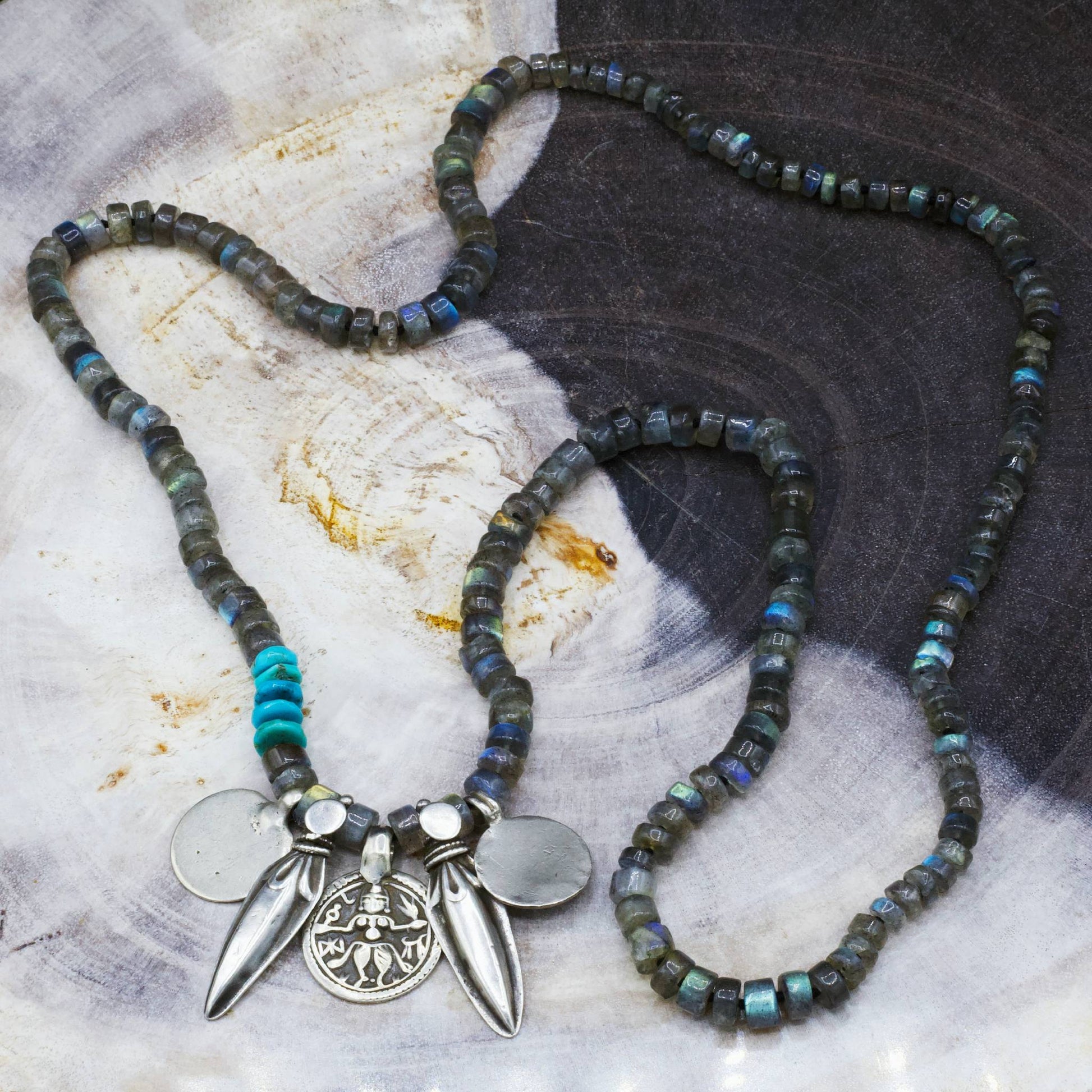 Lena Skadegard Jewels | Labradorite + Turquoise Antique Silver Charm Necklace | Firecracker