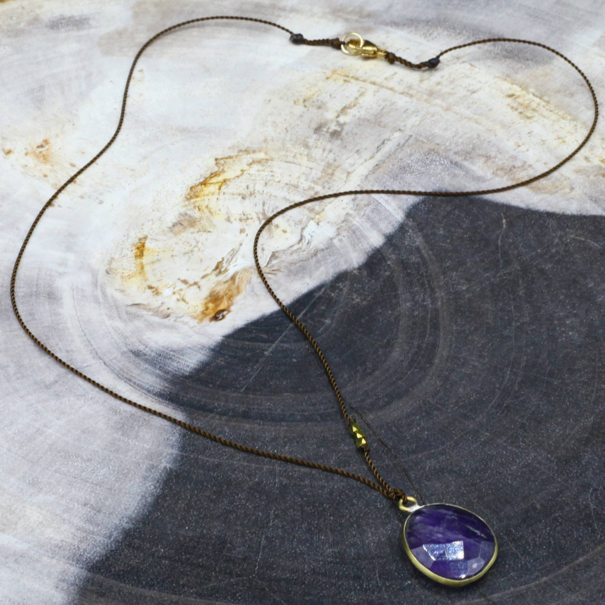 Margaret Solow Jewelry | Lavender Amethyst + Brass Drop Necklace | Firecracker