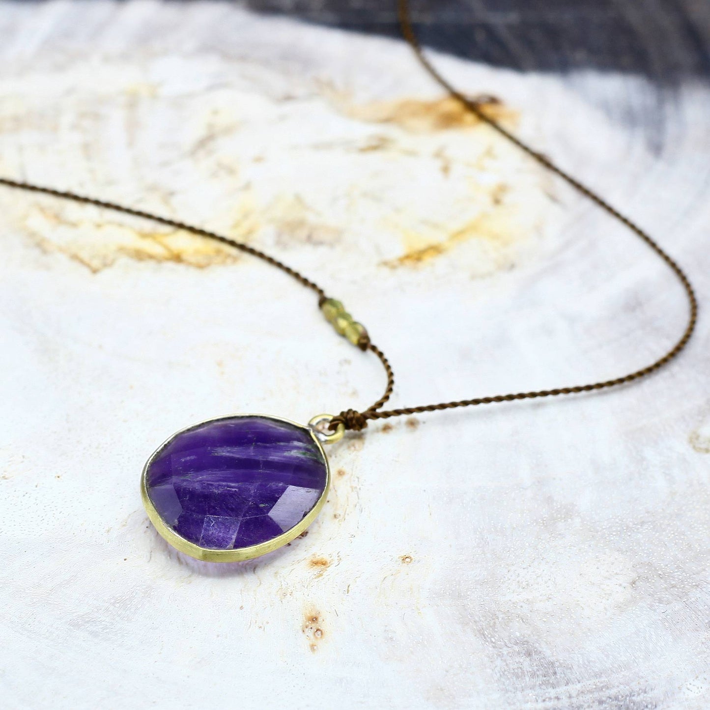 Margaret Solow Jewelry | Lavender Amethyst + Brass Drop Necklace | Firecracker