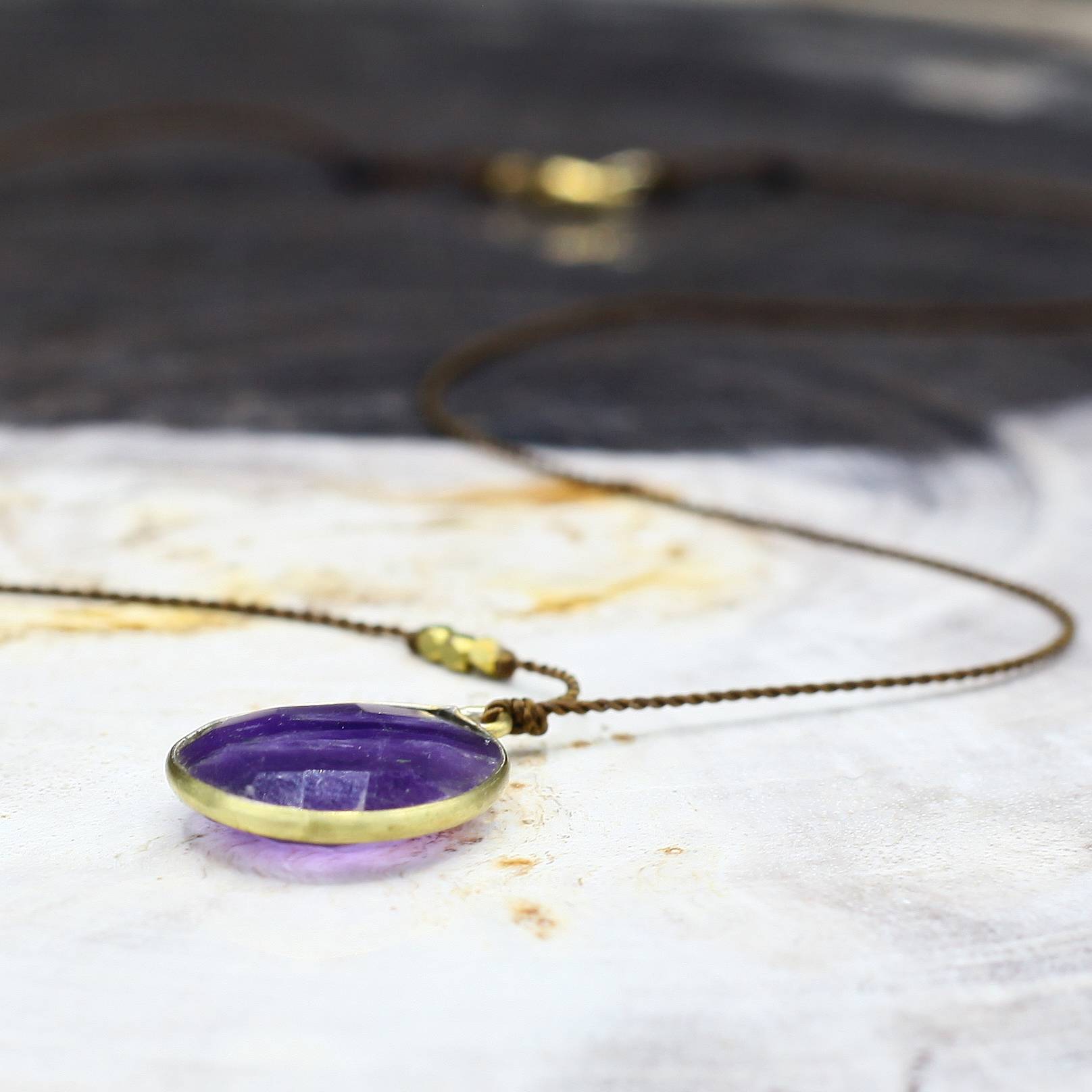 Margaret Solow Jewelry | Lavender Amethyst + Brass Drop Necklace | Firecracker