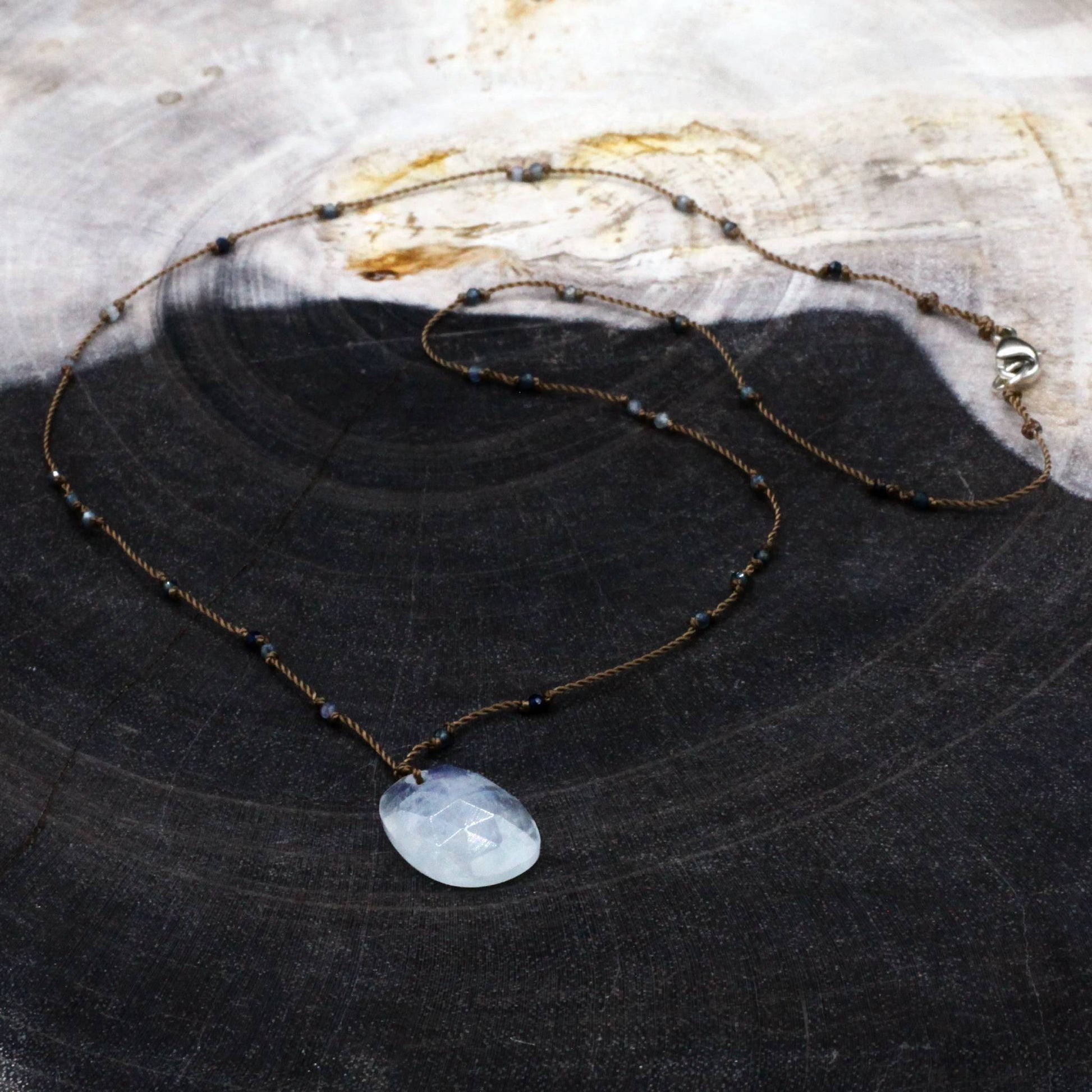 Margaret Solow Jewelry | Rainbow Moonstone + Sapphire Beaded Necklace | Firecracker