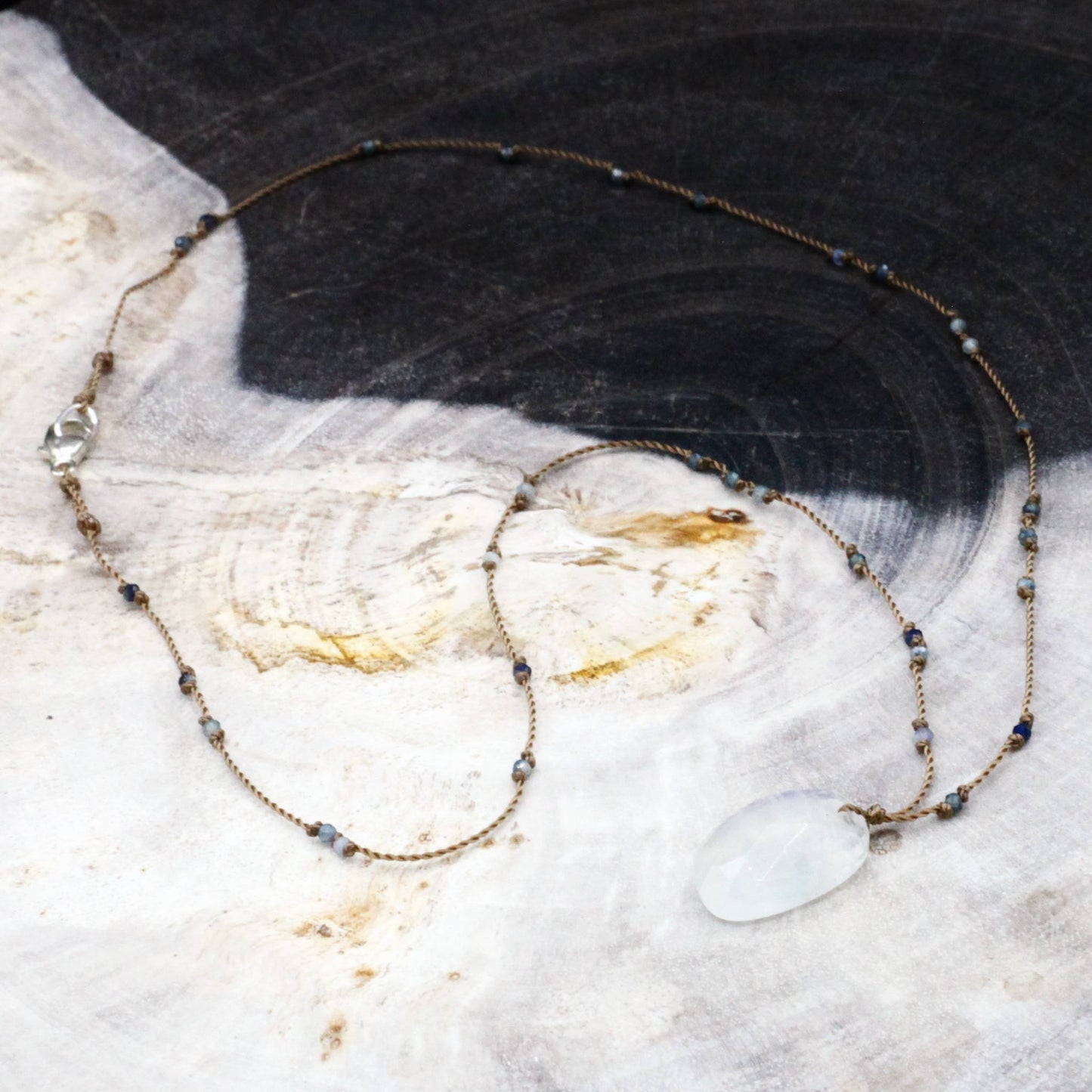 Margaret Solow Jewelry | Rainbow Moonstone + Sapphire Beaded Necklace | Firecracker