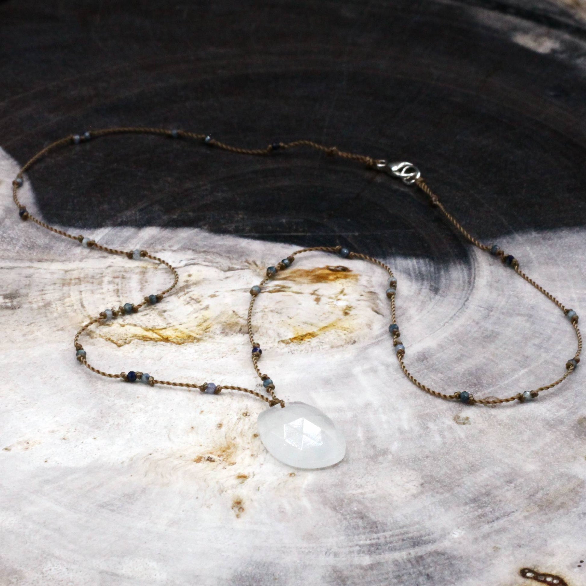 Margaret Solow Jewelry | Rainbow Moonstone + Sapphire Beaded Necklace | Firecracker