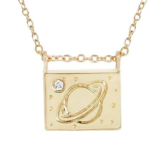 Saturn Diamond + 14K Gold Postcard Charm Necklace