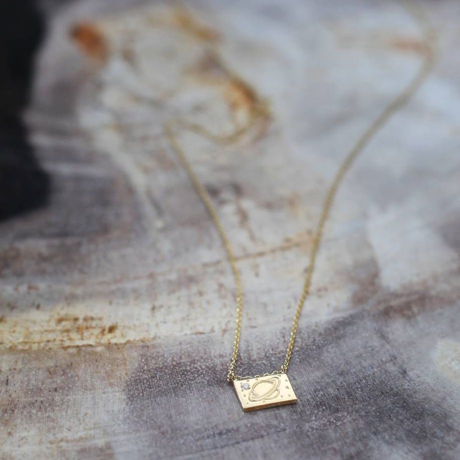 Saturn Diamond + 14K Gold Postcard Charm Necklace