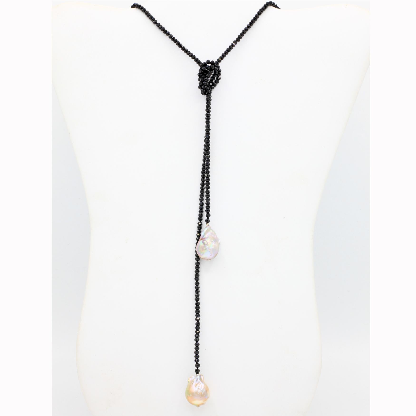 Baroque Pearl + Black Spinel Lariat Necklace